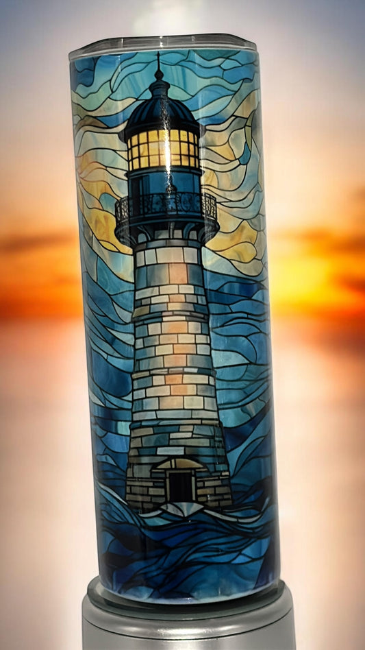 Lighthouse Beach Mosaic Ocean Lover Drinking Tumbler Water Bottle Cup