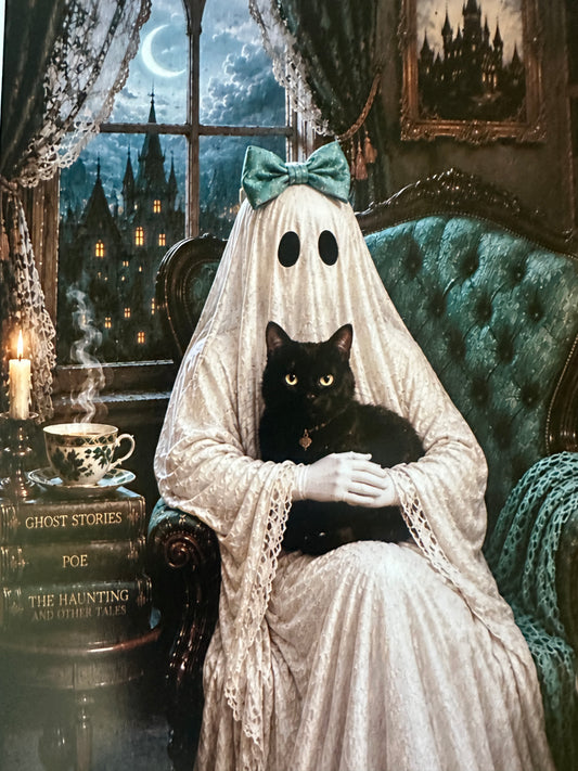 Ghost Gothic Cat Bow Victorian Halloween Picture Print