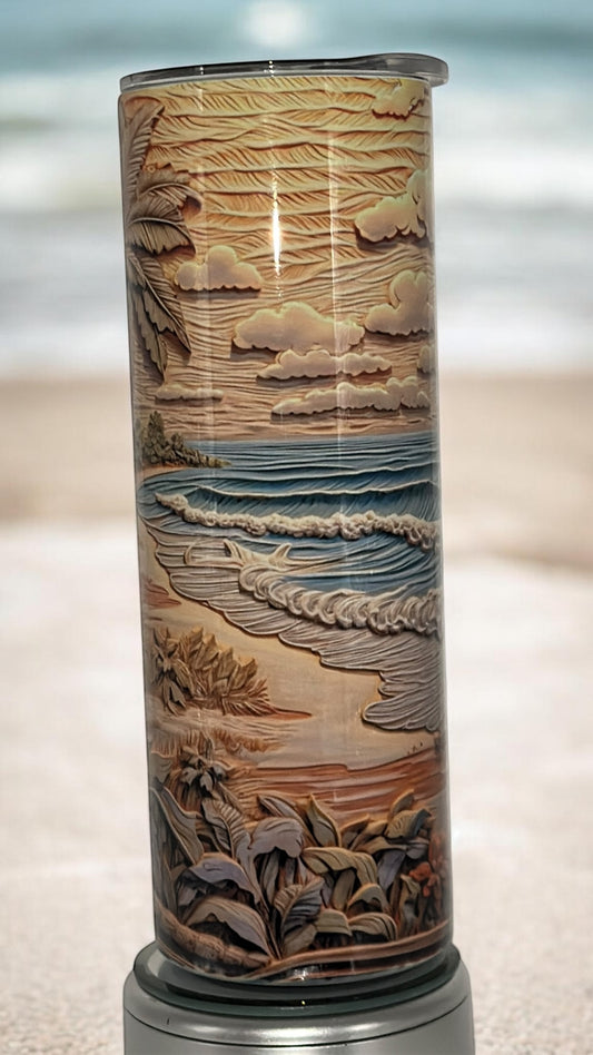 Beach 3D Palm Tree design Ocean Lover Drinking Tumbler Water Bottle Cup
