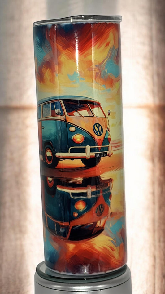 Beach Vibes Ocean Lover Drinking Tumbler Water Bottle Cup VW Bus on the beach
