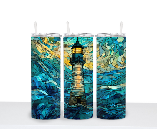 Lighthouse Beach Mosaic Ocean Lover Drinking Tumbler Water Bottle Cup