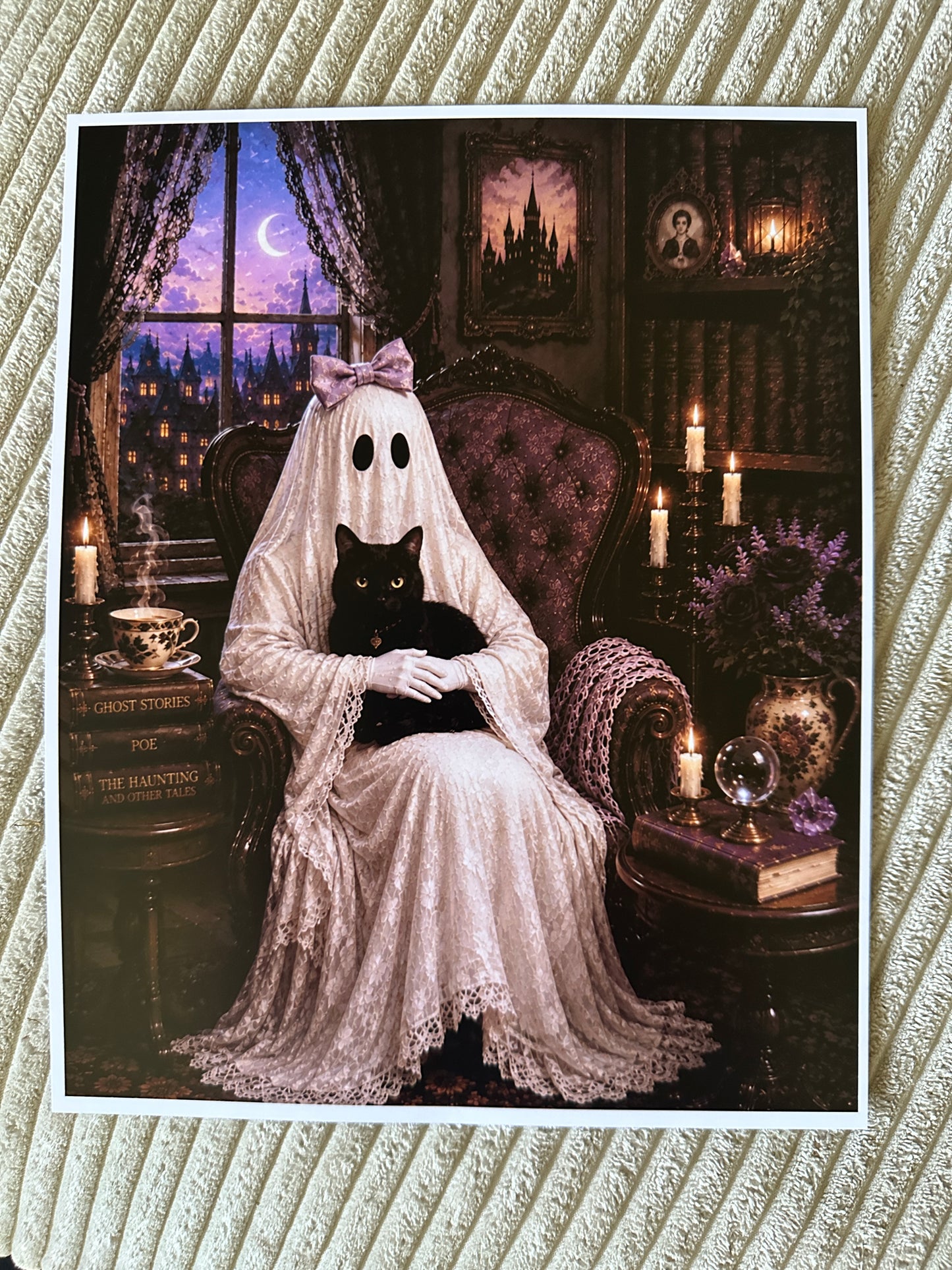 Ghost Gothic Cat Bow Victorian Halloween Picture Print
