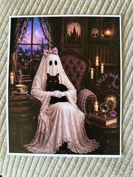Ghost Gothic Cat Bow Victorian Halloween Picture Print