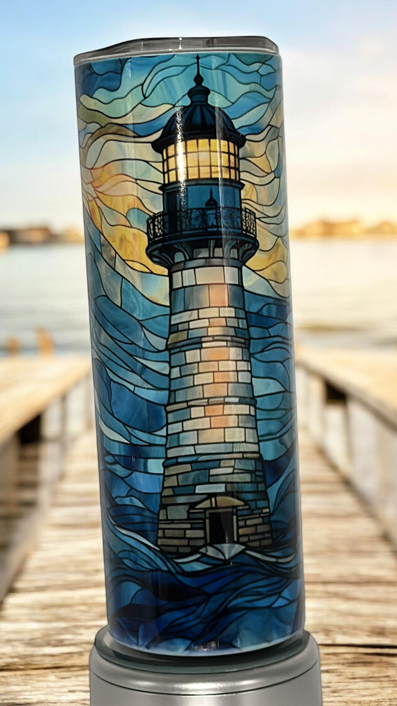 Lighthouse Beach Mosaic Ocean Lover Drinking Tumbler Water Bottle Cup