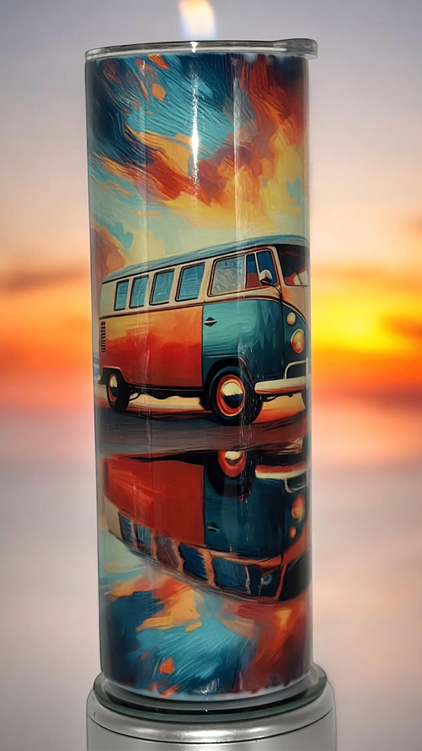 Beach Vibes Ocean Lover Drinking Tumbler Water Bottle Cup VW Bus on the beach
