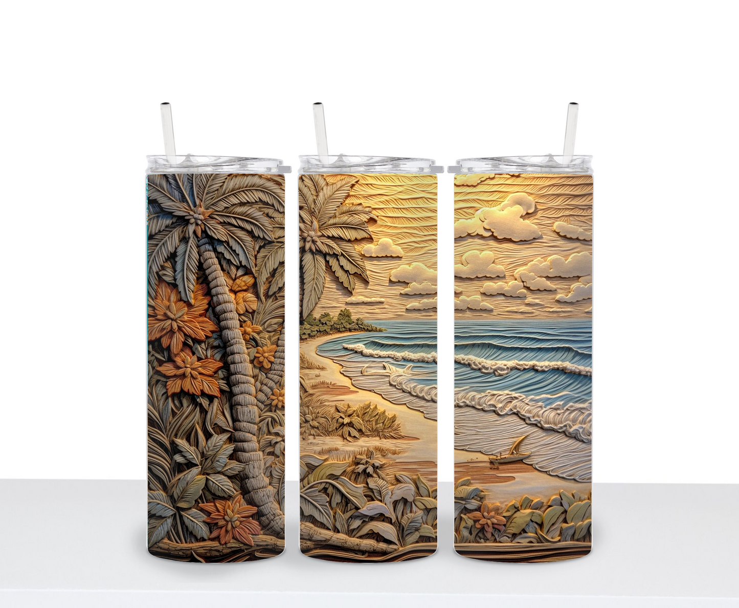 Beach 3D Palm Tree design Ocean Lover Drinking Tumbler Water Bottle Cup