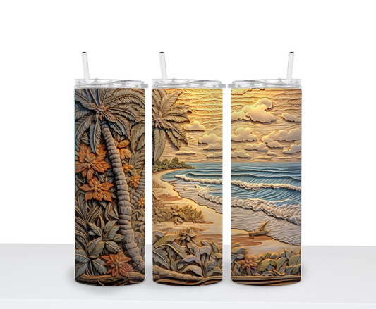Beach 3D Palm Tree design Ocean Lover Drinking Tumbler Water Bottle Cup