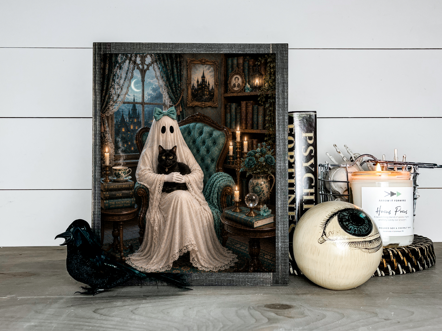 Ghost Gothic Cat Bow Victorian Halloween Picture Print