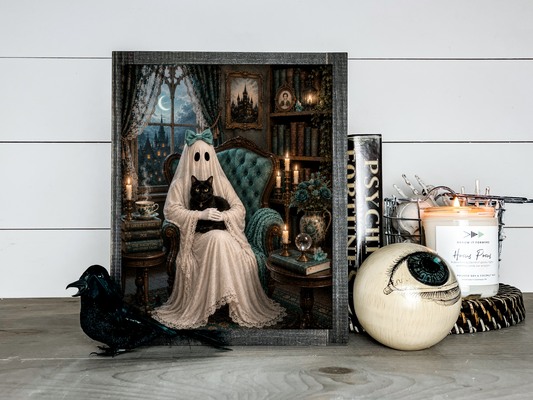Ghost Gothic Cat Bow Victorian Halloween Picture Print