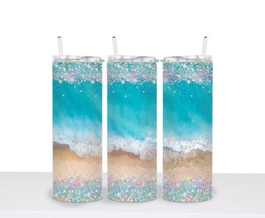 Beach Waves Ocean Lover Glitter Finish Drinking Tumbler Water Bottle Cup