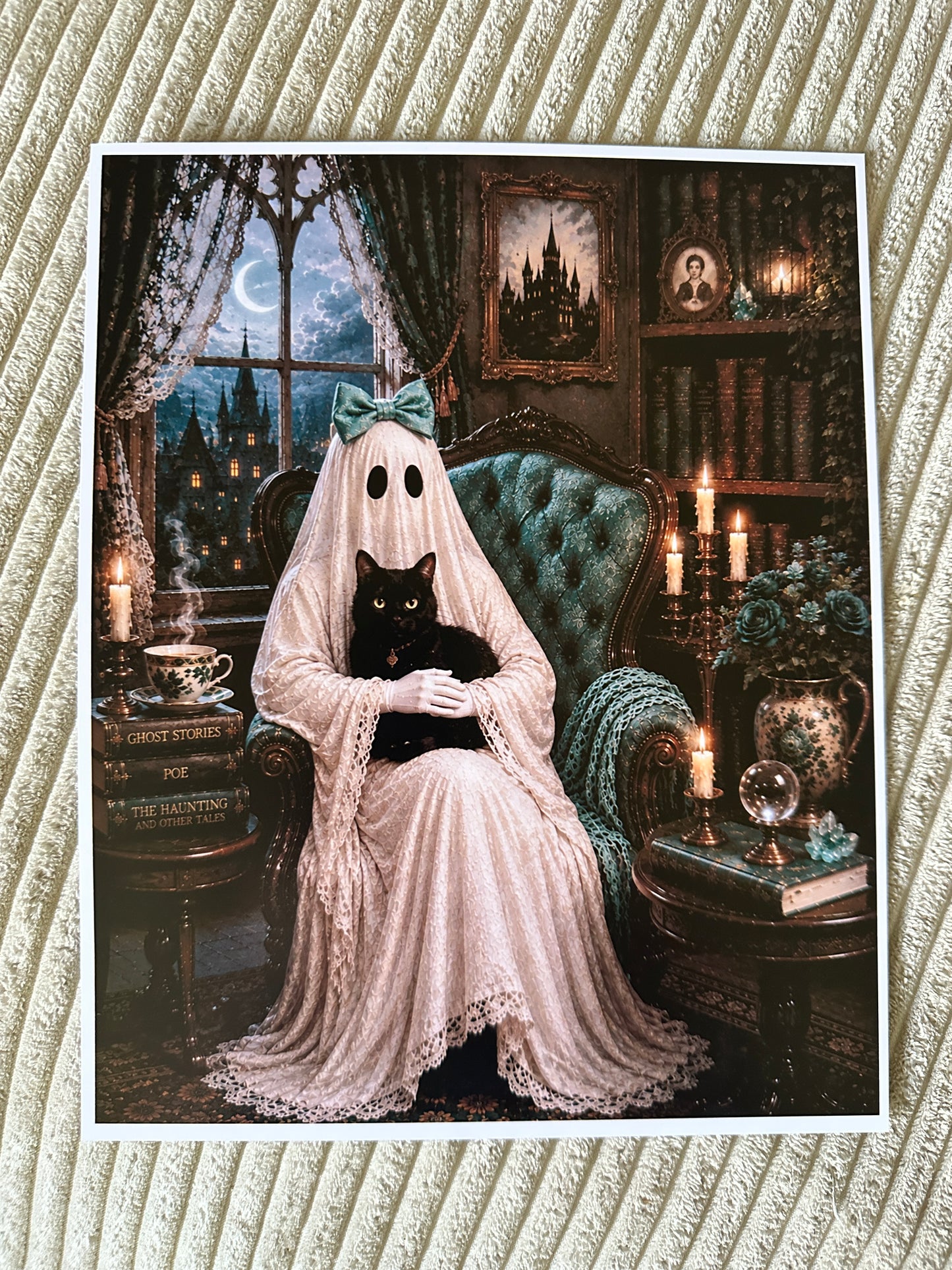 Ghost Gothic Cat Bow Victorian Halloween Picture Print
