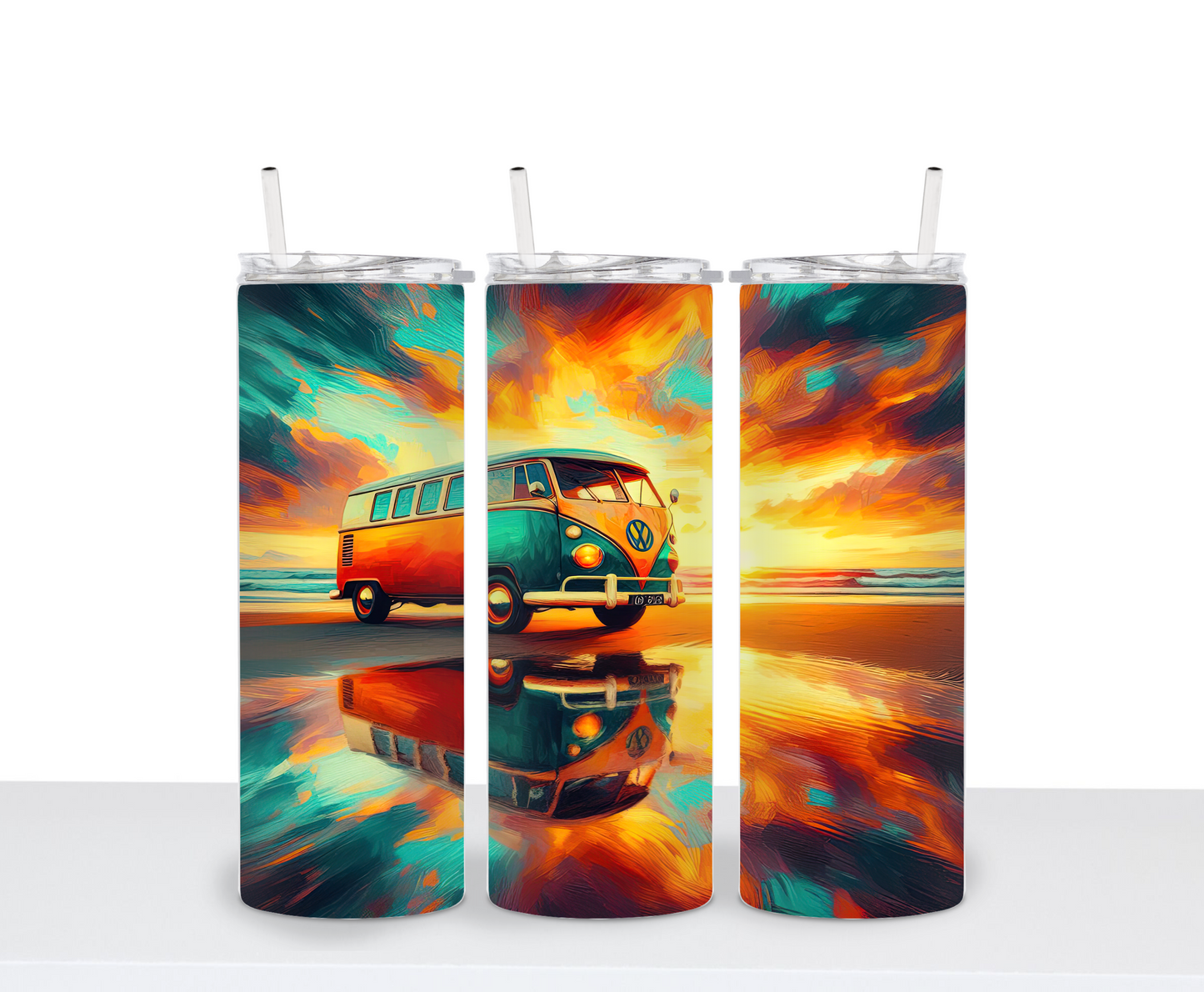 Beach Vibes Ocean Lover Drinking Tumbler Water Bottle Cup VW Bus on the beach