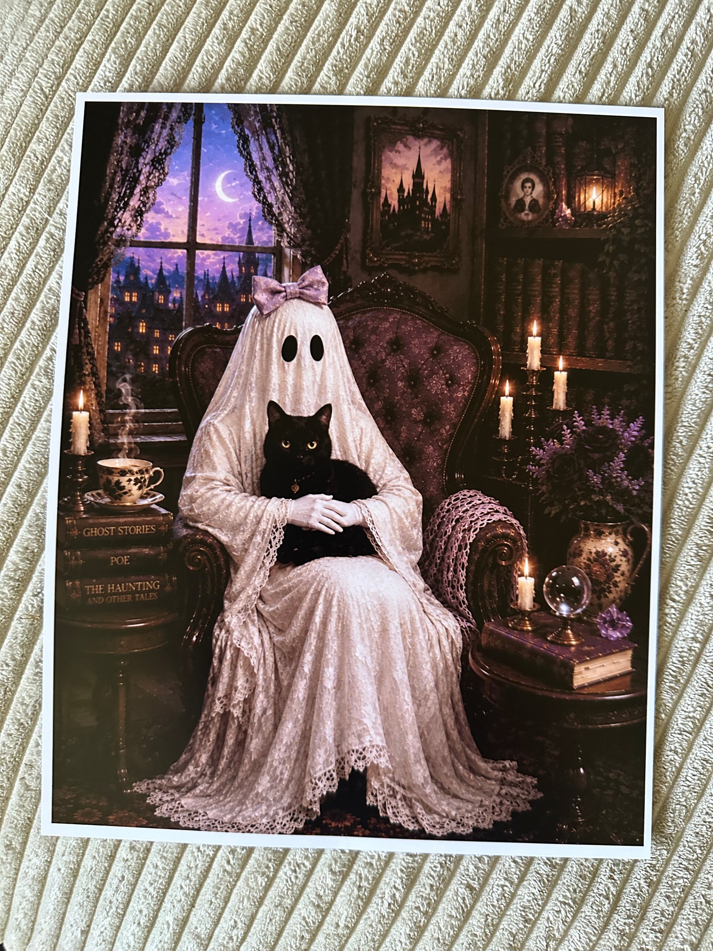 Ghost Gothic Cat Bow Victorian Halloween Picture Print