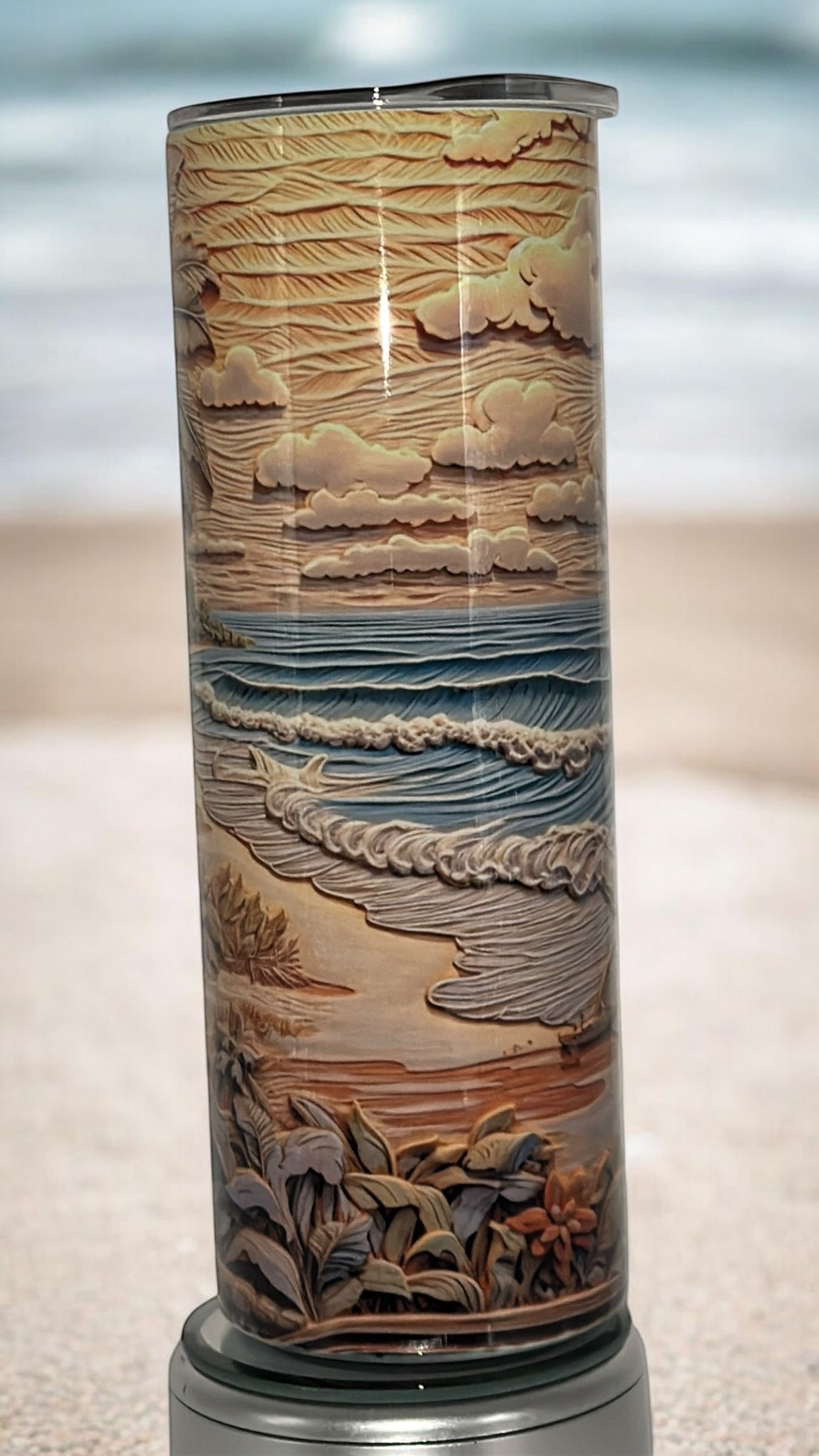 Beach 3D Palm Tree design Ocean Lover Drinking Tumbler Water Bottle Cup