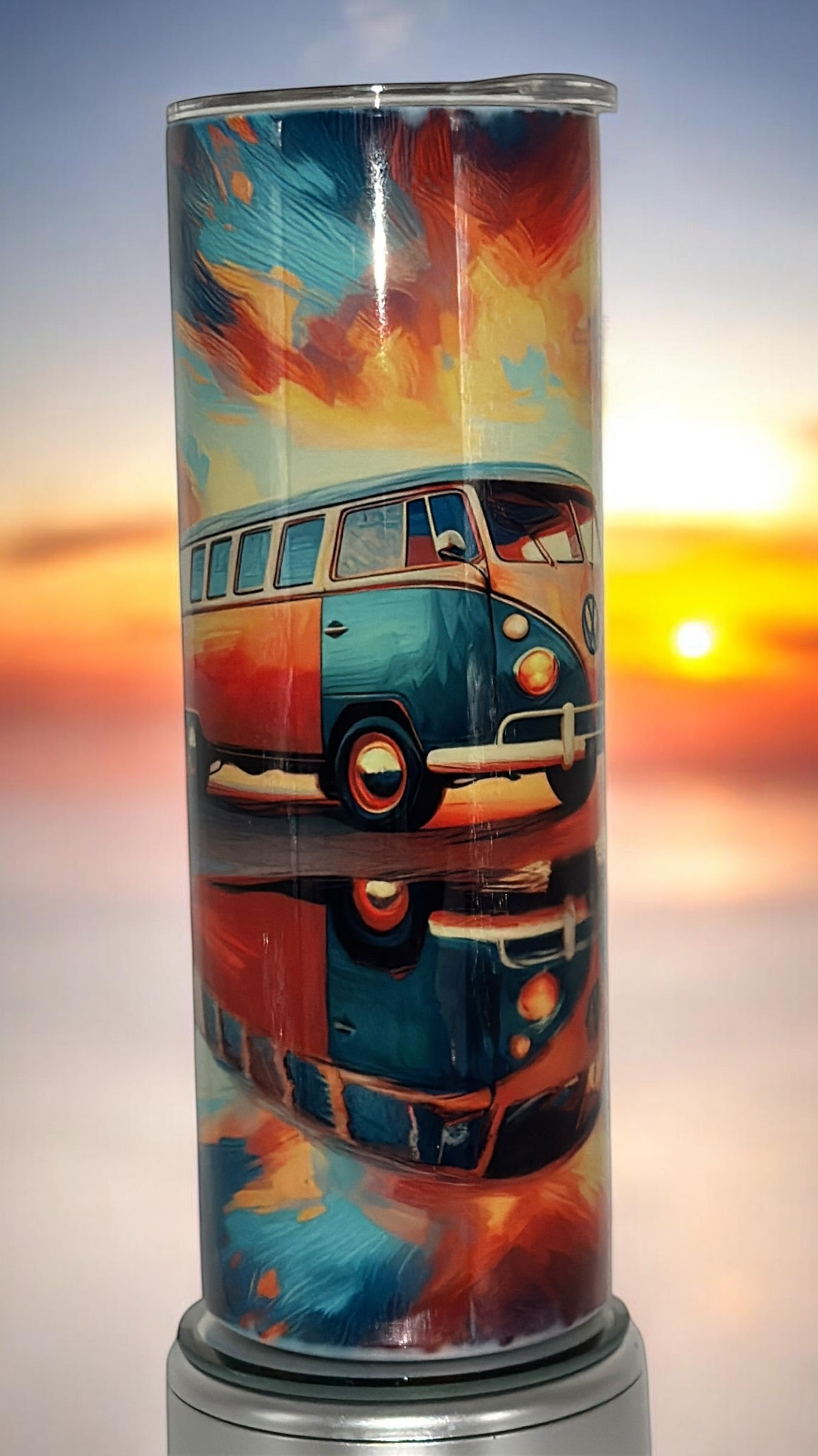 Beach Vibes Ocean Lover Drinking Tumbler Water Bottle Cup VW Bus on the beach