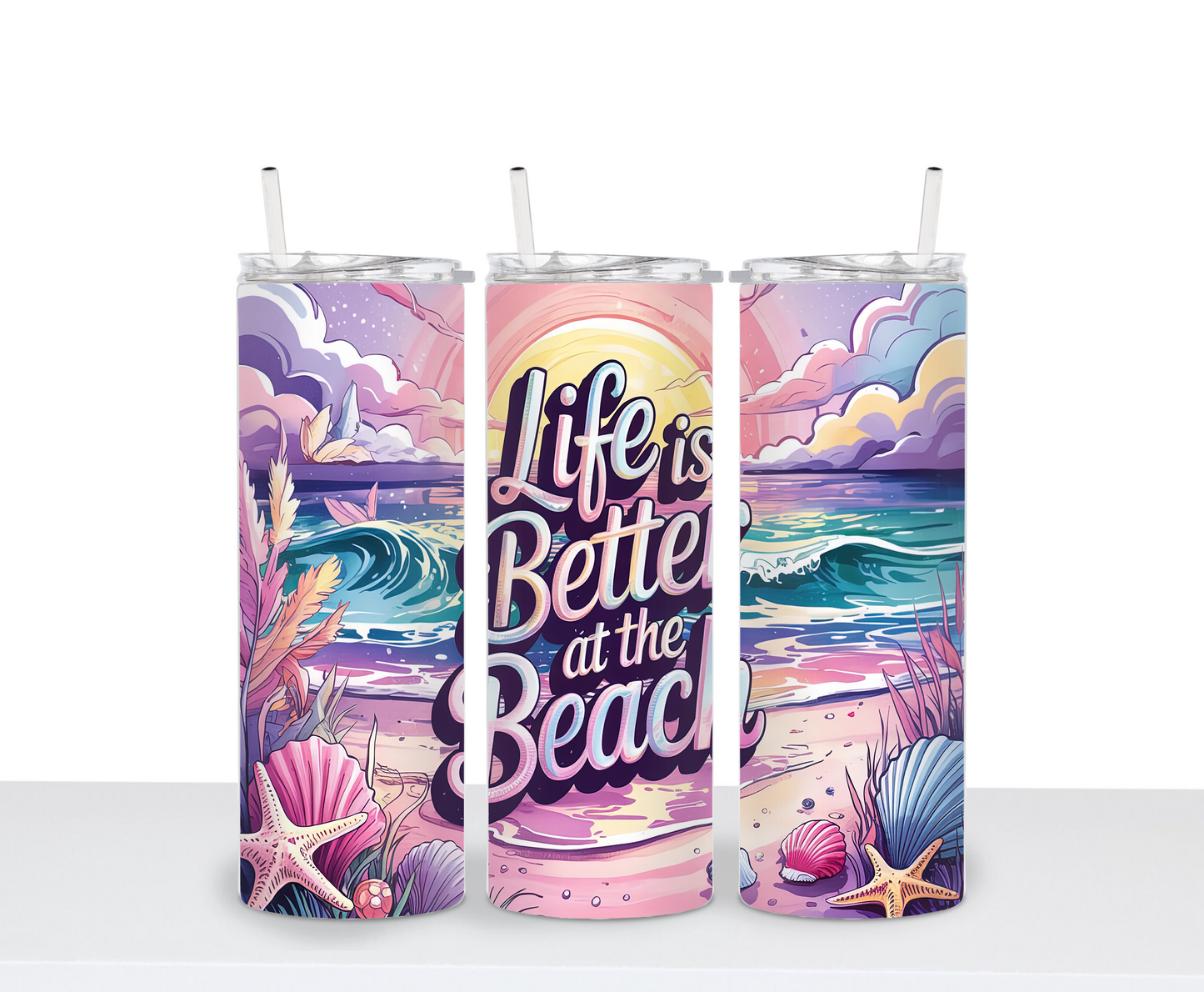 Beach Vibes Ocean Lover  Shimmer Holographic Shimmer Drinking Tumbler Water Bottle Cup Life is Better at the Beach