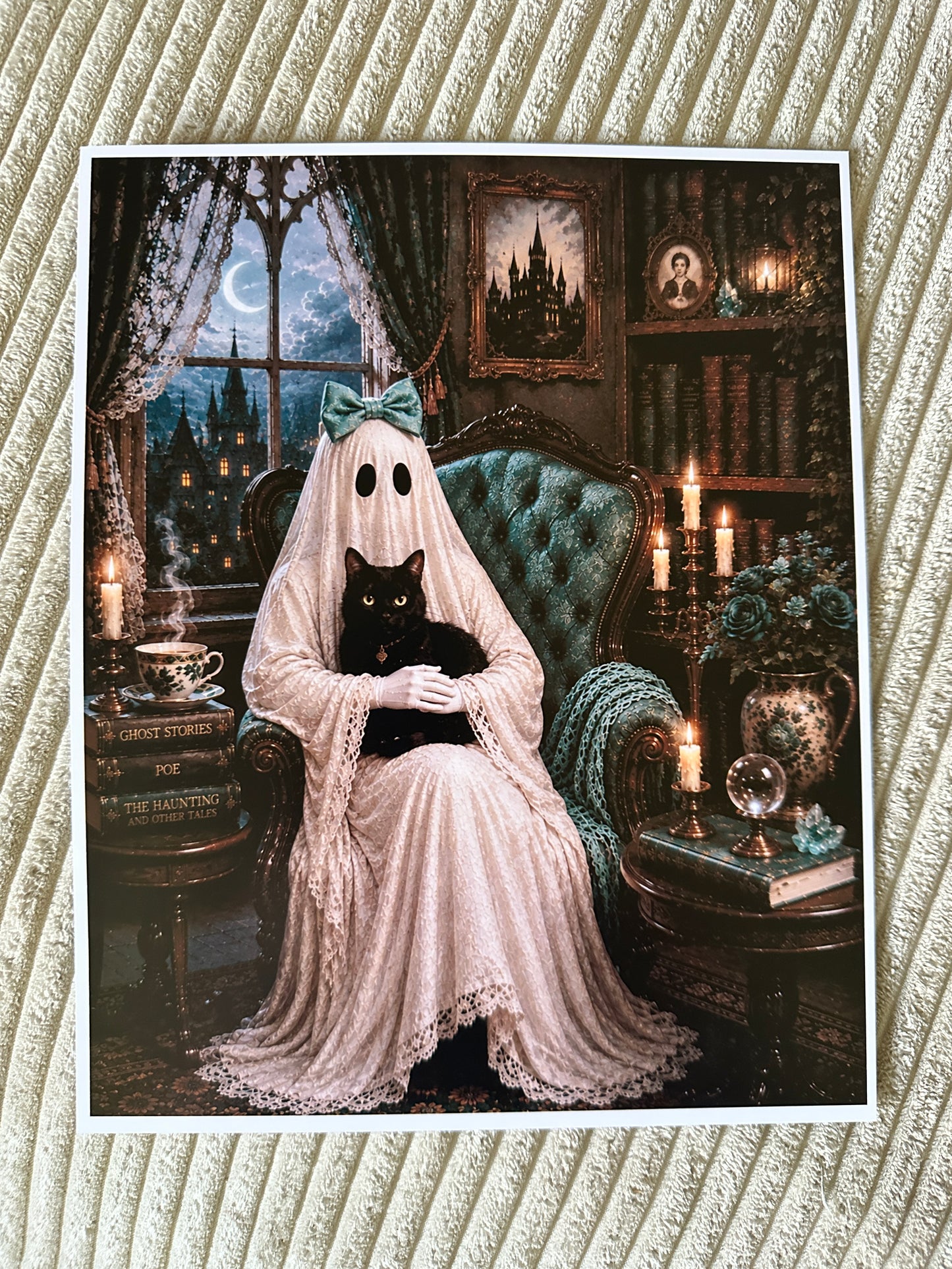 Ghost Gothic Cat Bow Victorian Halloween Picture Print