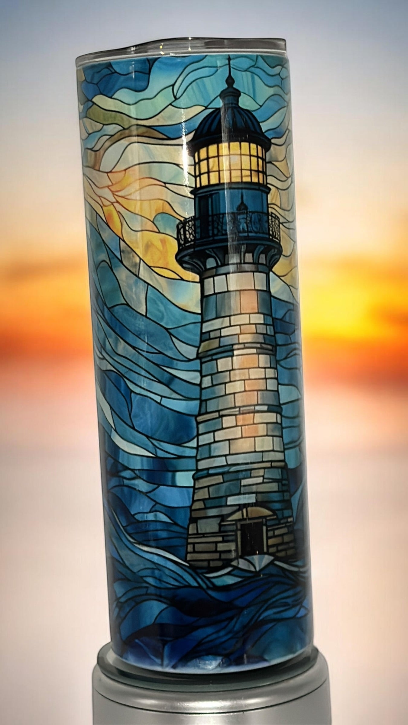 Lighthouse Beach Mosaic Ocean Lover Drinking Tumbler Water Bottle Cup