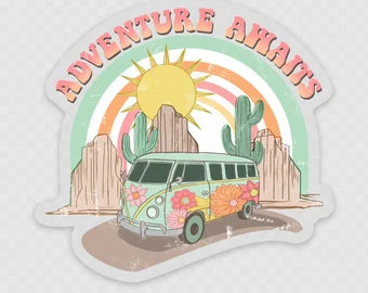 Retro Adventure Awaits Sticker Hippie Van Decal