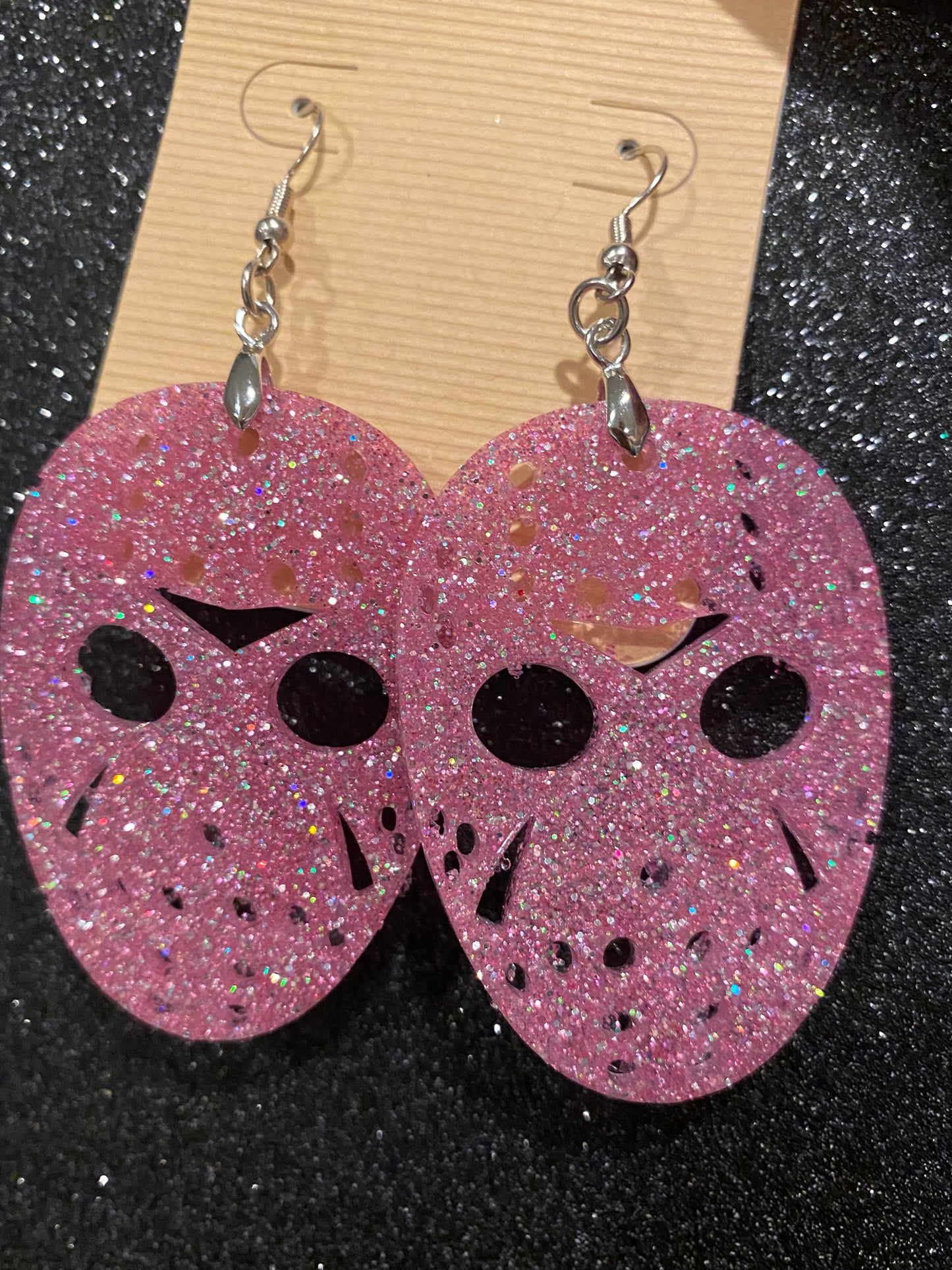 JASON MASK Halloween Earrings PINK Resin Glitter Voorhees Friday the 13th Movie