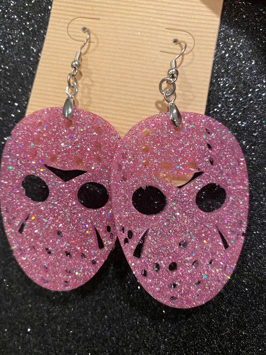 JASON MASK Halloween Earrings PINK Resin Glitter Voorhees Friday the 13th Movie
