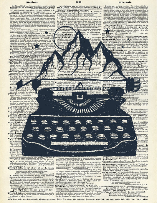 Vintage Typewriter Picture with Mountain Moon on Dictionary Background 8 x 10 Print