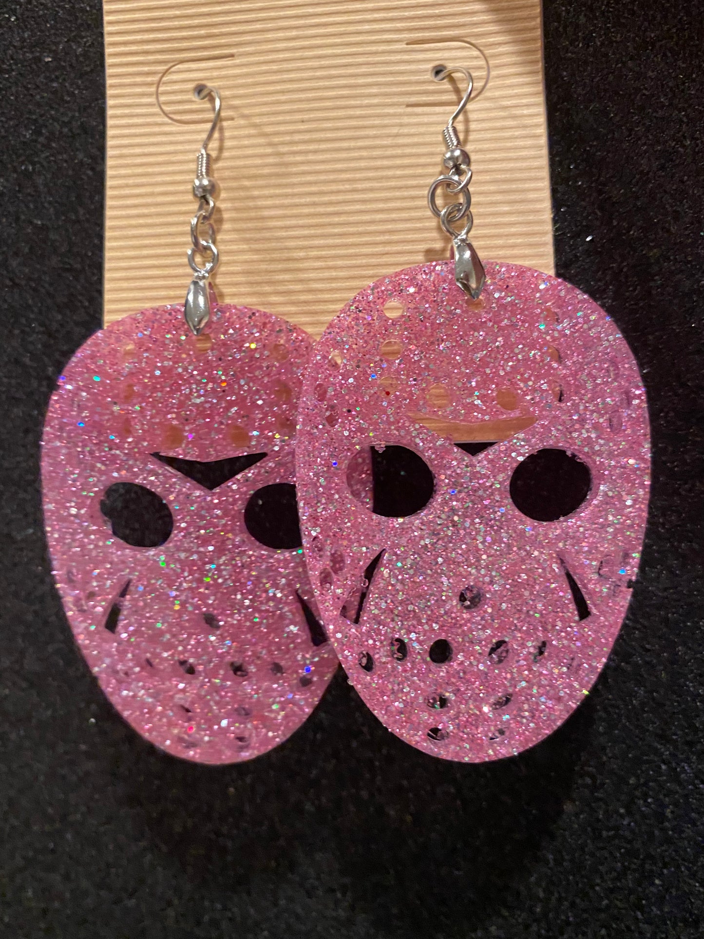 JASON MASK Halloween Earrings PINK Resin Glitter Voorhees Friday the 13th Movie