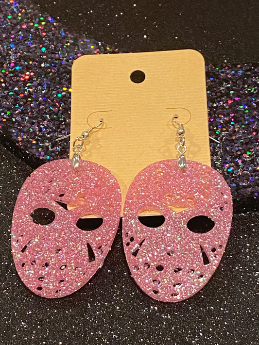 JASON MASK Halloween Earrings PINK Resin Glitter Voorhees Friday the 13th Movie